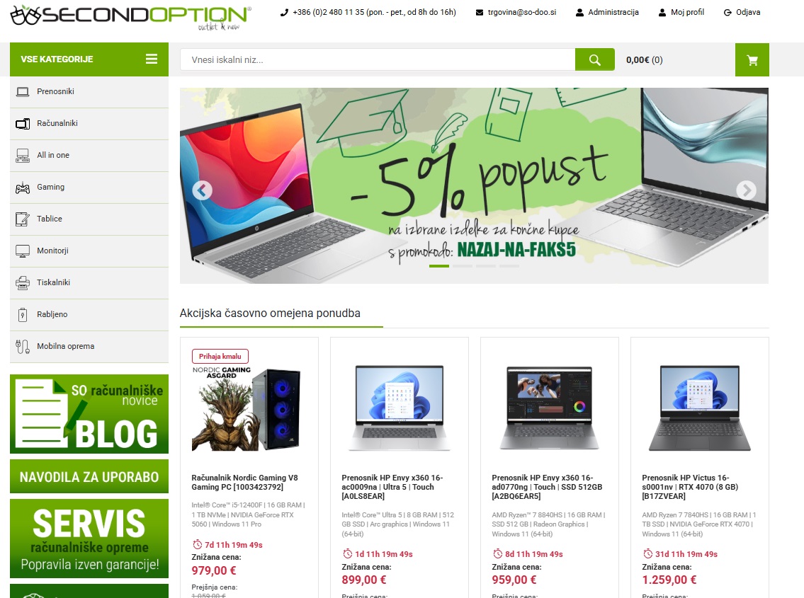 Screenshot homepage podjetja SO d.o.o. spletne trgovine s prenosniki in link na to stran
